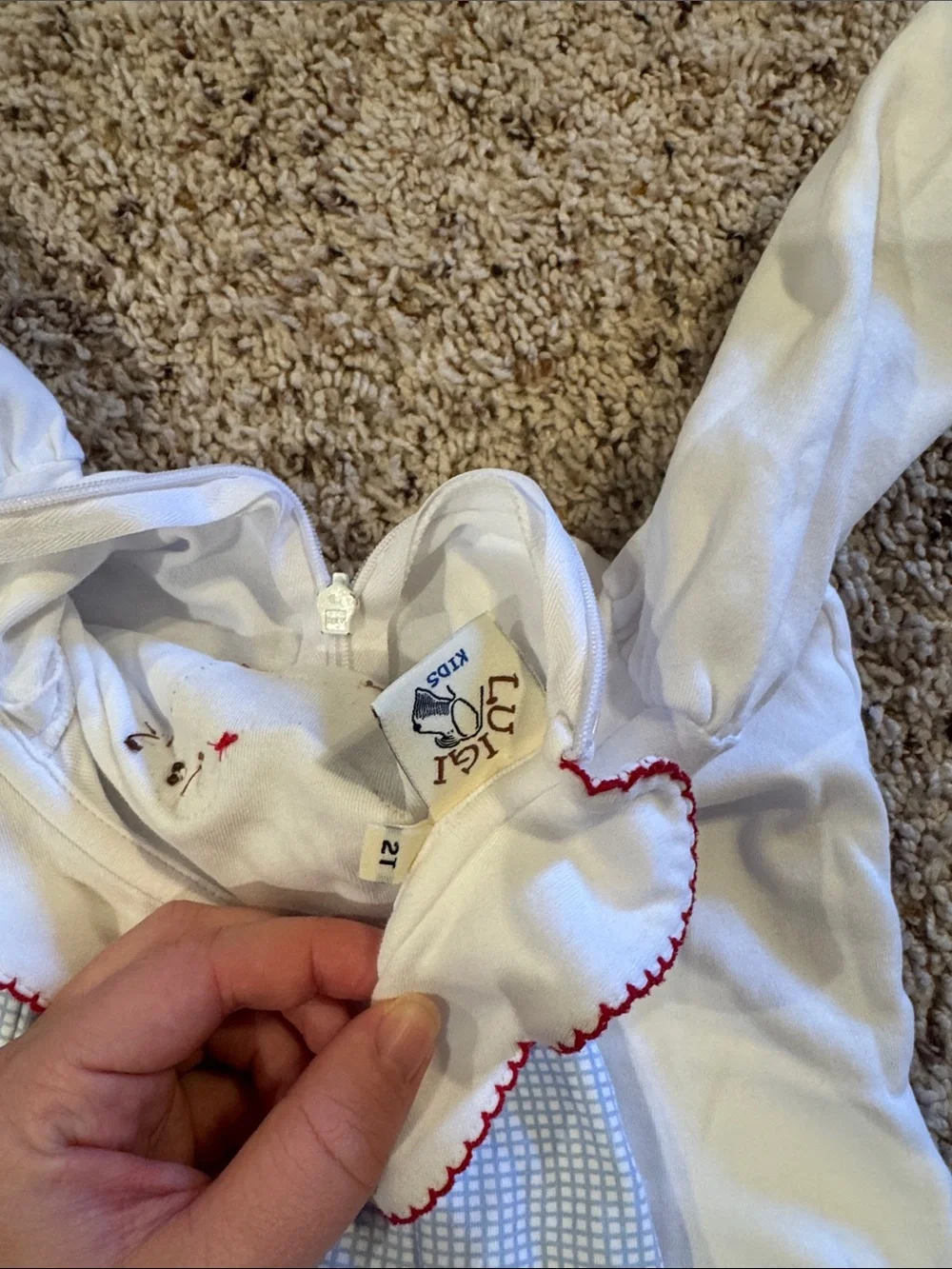 White Dog Applique Kids Pajama Top with Light Blue Check Pajama Pants